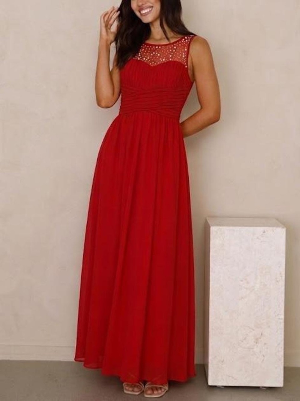red formal maxi dress with beaded front